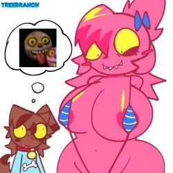 1boy 1girls areola big_breasts bikini brown_body canine collar dog_ears furface_(thumpies) meme_in_the_background my_singing_monsters noobie_(thumpies) pink_body sharp_teeth sling_bikini tall_female thought_bubble thumpies tongue_out tr3ebranch yellow_sclera