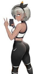 1girls alternate_breast_size alternate_outfit armpits ass back bea_(pokemon) big_ass blue_eyes blush bra breasts clothed clothes dark-skinned_female dark_skin eye_contact eyelashes greem_bang hairband heavy_breathing holding human human_only leggings looking_at_viewer looking_back midriff nike nintendo peace_sign phone pokemon pokemon_ss pose selfie short_hair sideboob silver_hair solo sports_bra standing sweat sweatdrop thick_thighs thigh_gap tight_clothing v wet white_background yoga_pants