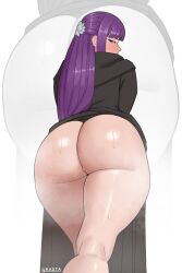1girls ass ass_focus big_ass curvy embarrassed_nude_female enf exhibitionism fern_(sousou_no_frieren) frieren_beyond_journey's_end ghasta giant_ass hi_res high_resolution light-skinned_female looking_at_viewer looking_back purple_hair solo sousou_no_frieren sweat sweat_clouds sweatdrop sweating sweaty
