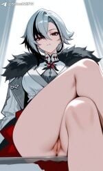 ai_generated arlecchino_(genshin_impact) black_hair clothed_on_top_nude_below coat crossed_legs expressionless fur_trim genshin_impact looking_at_viewer looking_down low_angle nude pussy red_eyes shineinsfw short_hair sitting_on_chair solo spread_legs streaked_hair white_hair x-shaped_pupils