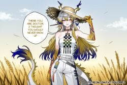 1girl ai_assisted ai_generated arknights blue_eyes blush contrapposto dragon_tail english_text fatest_squirrel light_smile looking_at_viewer one_eye_closed open_mouth shu_(arknights) slit_pupils small_breasts standing strapless_shirt straw_hat streaked_hair white_pants