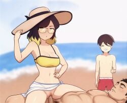 ai_assisted ai_generated beach cheating cheating_girlfriend cowgirl_position cuckold cuckolding edit edited eyeglasses hands_on_hips hat komik_guy netorare ntr oc sex short_hair swimsuit third-party_edit thumbs_up vaginal_penetration