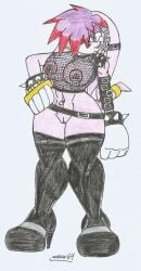 belts brass_knuckles chains exposed_breasts exposed_hips exposed_midriff exposed_pussy exposed_torso fishnet_shirt fishnet_topwear hair_highlights hair_ornament hair_over_one_eye hand_on_hip high_heel_boots highlights_(coloring) julie-su long_boots looking_at_viewer marlon64 mobian_echidna naked_belt naked_boots naked_female naked_shirt navel_piercing nipple_rings no_bra no_pants pink_body pink_fur pink_hair punk punk_girl punk_hair purple_eyes purple_hair purple_makeup purple_nipples red_hair ring shirt_only smiling_at_viewer solo_female sonic_the_hedgehog_(archie) spiked_bracelets traditional_drawing_(artwork) transparent_clothing transparent_shirt white_background