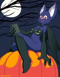 anthro bat body_paint boots breasts cape elbow_gloves fangs furry gloves halloween moon night nipples nude pumpkin pumpkin_boobs soapmonster tree wings