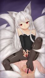 animal_ears bare_shoulders censored elbow_gloves feet female footjob fox_ears fox_tail fur gloves halloween kupaa long_hair multiple_tails original pantyhose penis pussy red_eyes small_breasts spread_pussy tail tenyoshi_(briansept) torn_clothes torn_pantyhose white_hair