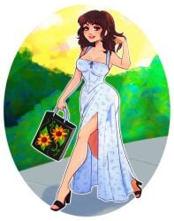 1girls artist_self-insert ass beeronica blue_dress breasts brown_eyes brown_hair clothing digital_media_(artwork) dress hair hand_on_hair high_heels latina looking_at_viewer patreon self_insert shopping_bag thighs veronica_and_jelly veronicaandjelly walking