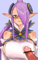 blush breasts bust censored dark-skinned_male elf glasses green_eyes hair_over_one_eye han_(jackpot) large_breasts penis pointless_censoring ponytail purple_hair purple_hair_over_one_eye sacred_blaze selphina sideboob sweat tied_hair