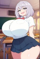 ai_generated blue_eyes female flesh_fang huge_breasts school_uniform schoolgirl silver_hair skin_fang tejina_senpai tejina_senpai_(character)
