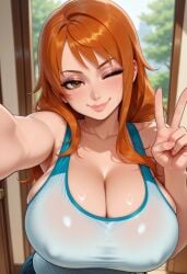 ;) ai_generated bare_shoulders blurry blurry_background blush breasts brown_eyes cleavage closed_mouth collarbone covered_nipples female female_only hand_up huge_breasts indoors large_breasts lips long_hair looking_at_viewer nami_(one_piece) one_eye_closed one_piece orange_hair outstretched_arm pants patreon_username selfie shiny_skin smile solo tank_top tree trinity_vermilion upper_body v