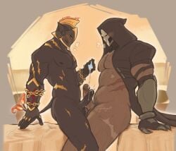 2d 2d_(artwork) 2d_artwork ares ares_(fortnite) bara blush dick fortnite frotting gay gxxdgx4 hair heavy_breathing looking_at_penis looking_down male male_only masked masked_male muscular muscular_male overwatch penis reaper rubbing scar tail yaoi