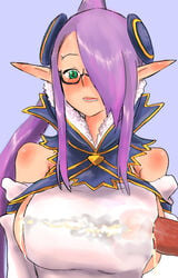 blush breasts bust clothes_penetration clothesjob cum cum_on_breasts cum_on_clothes dark-skinned_male ejaculation elf glasses green_eyes hair_over_one_eye han_(jackpot) large_breasts open_mouth outercourse paizuri penis penis_rubbing_breast penis_under_clothes ponytail purple_hair purple_hair_over_one_eye sacred_blaze selphina sideboob sweat tied_hair