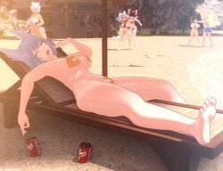 3d_(artwork) 6girls animal_ears asuka_(senran_kagura) barefoot beach big_breasts bikini black_hair blonde_hair breasts crossover dark-skinned_female dark_skin dr_pepper feet female female_only grey_hair hair_ribbon hakurei_reimu katsuragi_(senran_kagura) kirisame_marisa light-skinned_female light_skin long_hair luminaryofages marisa_kirisame marvelous na'el_(xenoblade) nia_(xenoblade) nintendo reimu_hakurei senran_kagura senran_kagura_(series) short_hair skirt soda_can soles swimsuit toes touhou witch_hat xenoblade_(series) xenoblade_chronicles_2 xenoblade_chronicles_3 xenoblade_chronicles_3:_future_redeemed yellow_bikini yellow_eyes