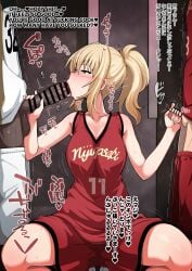 1girls 2boys alternate_breast_size alternate_breast_size_(larger) basketball_uniform betrayal big_breasts big_penis big_penis_adoration blonde_hair blowjob blush breasts censored changing_room dark-skinned_male dark_skin english_text erect_penis erection fellatio female handjob hanzawa821 indoors japanese_text light-skinned_female light-skinned_male light_skin love_live! love_live!_nijigasaki_high_school_idol_club male male/female miyashita_ai mmf_threesome netorare nose_blush notes_translation ntr penis_size_difference ponytail small_penis small_penis_humiliation straight text threesome translated translation_check two-finger_handjob yellow_eyes