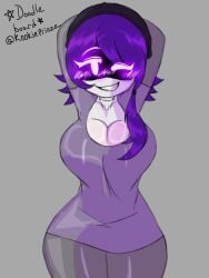 1girls breasts female female_only hands_behind_head hat kookieprinzz milf murder_drones nori_(murder_drones) purple_hair smiling thick_thighs