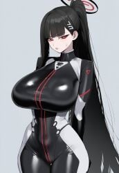 ai_generated black_hair blue_archive bodysuit huge_breasts looking_at_viewer mommy pale_skin perfect_body red_eyes rio_(armed)_(blue_archive) rio_(blue_archive) skin_tight tight_clothing truck_kun tsukatsuki_rio wide_hips