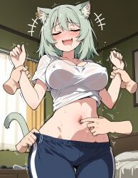 ai_generated blush blushing cat_ears cat_girl cat_tail chainsmoker_cat disembodied_hands erect_nipples exposed_belly exposed_stomach gripping_pants kemonomimi nekomimi nipples_visible_through_clothing satou_yaniko see-through_shirt sole_female tickle tickled tickling tickling_belly tickling_belly_button ticklish tremble_spikes trembling wrists_held yani_neko yani_neko_(yani_neko) yaniko_satou