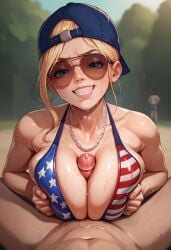 1boy 1girls 2024 ai_generated alternate_version_available american_flag_bikini aviator_sunglasses backwards_baseball_cap backwards_cap baseball_cap big_breasts bikini bikini_top blonde_hair blue_eyes breasts breasts_hold breasts_support cap cleavage clothed_female clothed_female_nude_male collarbone erect_penis erection female grand_theft_auto grand_theft_auto_vi holding_breasts holding_own_breasts justtnp looking_at_viewer mud_girl_(gta_vi) nude_male nude_male_clothed_female outdoors outside paizuri pov pov_male precum sex smile smiling straight sunglasses sweat sweatdrop tinted_eyewear