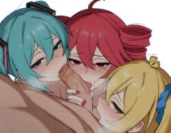 1boy 3girls ahoge akita_neru balls_sucking blonde_hair blue_eyes blue_hair blush collaborative_fellatio drill_hair fanloid fellatio female harem hatsune_miku kagironsfw kasane_teto long_hair male nail_polish nude nude_female nude_male ponytail red_eyes red_hair red_nails short_hair sweat triple_baka_(vocaloid) twin_drills twintails utau vocaloid yellow_eyes zaako_(vocaloid)