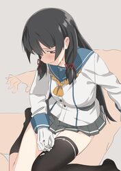 1boy after_sex asymmetrical_legwear black_hair black_socks blush breasts cum cum_on_clothes female gloves hair_ribbon human isokaze_(kantai_collection) kantai_collection knee_socks kneehighs kneesocks looking_down male medium_breasts ningen_(ningen96) payot red_eyes ribbon school_uniform serafuku single_sock single_thighhigh skirt socks straight striped_socks thigh_socks thighhighs white_gloves