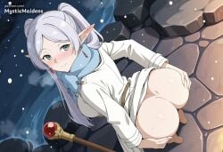 ai_generated anime anime_style ass blue_scarf blush breasts brown_footwear closed_mouth coat dangle_earrings drop_earrings earrings elf female frieren grabbing_own_ass green_eyes grey_hair hentai hi_res jewelry long_hair long_sleeves looking_at_viewer looking_back mystic_maidens outdoors parted_bangs patreon patreon_username pointy_ears scarf smile snow snowing solo sousou_no_frieren staff twintails white_hair winter_clothes