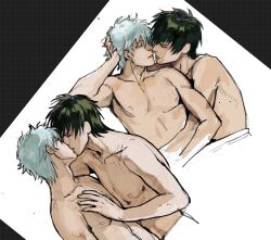 2boys alcogorilla1 black_hair eye_contact gay gintama gintoki_sakata hijikata_toshiro implied_sex kissing looking_at_another male male_only medya63378 no_visible_genitalia nude toned toned_male topless topless_male white_hair yaoi