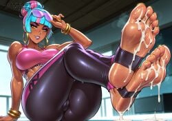 ai_generated artifactglitch ass big_ass blue_hair bracelets cameltoe cum cum_on_soles earrings feet feet_up foot_fetish glasses_on_head gym gym_uniform league_of_legends legs_together lipstick makeup pink_highlights pussy qiyana_yunalai riot_games smile smiling sports_bra stirrup_legwear thick_ass thick_thighs tights toes watermark