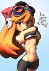 ai_generated annoyed annoyed_expression beanie bike_shorts dialogue flat_chest goggles lifting_shirt meggy_spletzer nipples orange_hair showing_breasts small_breasts smg4 spats voidedmelon