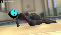 1girls 3d 3d_(artwork) barefoot completely_nude completely_nude_female content_warning_(game) content_warning_player_(female) crabofgarry female female_only full_body naked naked_female nude nude_female on_side pool poolside solo solo_female tetra_(crabofgarry)