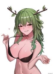 1girls antlers artist_name belly_button black_bra bra breasts ceres_fauna cleavage female female_only green_hair heart hololive hololive_english hololive_english_-council- hololive_english_-promise- huge_breasts kotodekun light-skinned_female light_skin no_panties red_eyes removing_bra seductive simple_background solo virtual_youtuber white_background