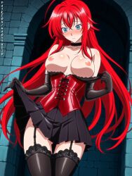 ahoge ai_generated ass big_breasts cleavage crimson_corset demon_girl high_school_dxd high_school_student large_breasts naked naostudio nsfw red_hair rias_gremory