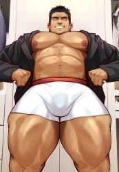 1boy abs bara bara_tits big_pecs black_hair black_jacket body_hair boxers bulge closed_eyes clothed clothing erect_nipples facial_hair flexing goatee_stubble hairy happy_trail huge_thighs human human_male human_only indoors jacket leoooliooon male male_focus male_nipples male_only musclegut muscles muscular muscular_male muscular_thighs open_jacket pecs pectorals penis_outline pink_nipples pose posing presenting_thighs smile smiling solo solo_focus solo_male standing teeth teeth_showing thick_eyebrows thick_thighs thunder_thighs underwear white_boxers white_underwear