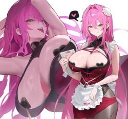 1girls absurdres apron armpits bare_shoulders black_dress black_pantyhose blush breasts chinese_clothes cleavage clipboard closed_mouth commentary covered_nipples dress female flower goddess_of_victory:_nikke green_eyes hair_flower hair_ornament heart heart-shaped_panties highres holding holding_clipboard hood_(james_x) huge_breasts large_breasts long_hair maid mole mole_on_breast mole_under_eye pantyhose parted_lips pasties pink_hair red_dress rope sleeveless sleeveless_dress smile speech_bubble spoken_heart teeth tongue tongue_out velvet_(nikke) waist_apron white_apron white_wrist_cuffs wrist_cuffs