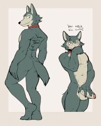 4:5 absurd_res anthro ass balls beastars blush blush_lines canid canine canis collar collar_only english_text erection eye_scar facial_scar front_view fur furry genitals grey_body grey_fur hi_res jrjresq legoshi_(beastars) male mammal multicolored_body multicolored_fur nervous nervous_smile nipples nude penis rear_view scar tail text two_tone_body two_tone_fur wolf