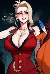 1boy 1girls ai_generated blonde_female blonde_hair canine cleavage dress english_text final_fantasy final_fantasy_vii imminent_sex jewelry large_breasts mature_female nanaki red_xiii scarlet_(ffvii) smirk text yumerush