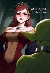 1boy 1girls ai_generated angry annoyed cleavage comic english_text goblin hilda_boreas_greyrat large_breasts mushoku_tensei noblewoman rich_female royalty slave slave_collar text yumerush