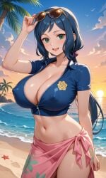 ai_generated blue_eyes blue_hair breasts cleavage cosplay crop_top crossover female female_only gundam_build_fighters huge_breasts iori_rinko midriff milf navel nico_robin nico_robin_(cosplay) no_bra no_panties no_underwear one_piece onee-chan pixai sarong solo sunglasses sunglasses_on_head tagme