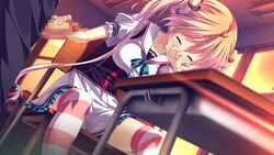 blush brown_hair censored closed_eyes female game_cg kanojo_ga_ore_ni_kureta_mono._ore_ga_kanojo_ni_ageru_mono. kojima_alice long_hair onomatope penis shiratama striped striped_legwear thighhighs tied_hair twintails