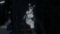 1girls 3d animal_ears bandaid_on_cheek bandaid_on_nose bikini_bottom black_hair collar garter_straps grey_skin harness large_breasts long_hair looking_at_viewer lunavrc_(artist) mostly_nude original original_character shiny shiny_skin smile smiling smiling_at_viewer solo spiral_eyes straps tape_on_nipples taped_nipples thick_thighs vrchat vrchat_avatar