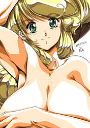 applejack_(mlp) blonde_hair breasts character_name cleavage female freckles friendship_is_magic green_eyes hinomars19 human humanized large_breasts long_hair looking_at_viewer my_little_pony navel nipples nude personification raised_arm simple_background smile smooth_skin solo white_background