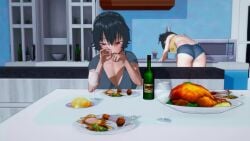 2girls 3d animated aroused ass bent_over big_breasts black_hair blue_eyes blush bottle breasts busty cleavage come_hither denim denim_shorts fellatio_gesture female female_only fourth_wall gaki_kyonyuu handjob_gesture hanging_breasts highres horny horny_female kanna_sasaki_(kaedeko) large_breasts looking_at_viewer medium_hair midriff multiple_girls naughty_face oral_invitation original original_character penetration_gesture pov sensual seruu sexually_suggestive sexy shirt short_hair short_shorts shorts sitting smile tagme tan tank_top twintails video voluptuous wine_bottle