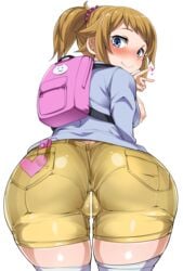 1girls arched_back areolae ass backpack blue_eyes blush breasts breasts_out brown_hair cameltoe censored female from_behind gundam gundam_build_fighters gundam_build_fighters_try heart highres hoshino_fumina huge_ass looking_back pointless_censoring ponytail pussy_juice shorts silly_(marinkomoe) skin_tight smile solo thighhighs tied_hair v wide_hips