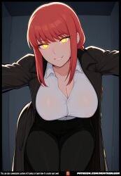ai_generated alluring arms_outstretched arms_spread authoritative bangs big_ass big_breasts big_nipples black_jacket black_necktie black_pants blush boss braid breasts_focus business_suit chainsaw_man cleavage collared_shirt commanding controlling curvy dark_background detailed_background detailed_eyes detailed_face dominant_female dominatrix erect_nipples eyeliner female femdom formal_attire glowing_eyes hand_on_hip hentblush highres hourglass_figure huge_breasts hypnotic_eyes indoors jacket_open large_areolae leaning_forward lipstick long_hair looking_at_viewer makeup makima_(chainsaw_man) male_pov massive_breasts mature_female necktie nipples_visible_through_clothing office office_lady open_shirt parted_lips partially_unbuttoned plump pov pov_male power_dynamic red_hair seductive_smile sideboob single_braid smile solo teasing thick_ass thick_thighs underboob very_large_breasts white_shirt wide_hips workplace yellow_eyes
