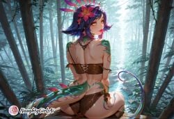 ai_generated artist_name ass back bare_shoulders blue_hair colored_skin female flower forest from_behind green_skin hair_flower hair_ornament jewelry league_of_legends lizard_tail looking_at_viewer looking_back multicolored_hair nature naughtygirlsai neeko outdoors purple_hair reptile_girl sitting slit_pupils solo strap_slip tail yellow_eyes