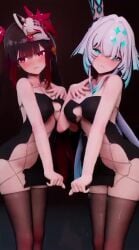 2girls 3d ai_generated anyuan_no.7 black_dress black_hair blue_eyes cerydra_(honkai:_star_rail) dance dancing gradient_hair honkai:_star_rail mikumikudance mmd music no_panties peek pussy pussy_peek red_eyes revealing_clothes sparkle_(honkai:_star_rail) tagme video white_hair