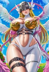 1girls ai_generated angel angel_wings angewomon armor ass_visible_through_thighs blonde_hair cleavage day detached_sleeves digimon digimon_adventure female female_only flower from_below hand_on_breast helmet hi_res huge_breasts long_hair looking_at_viewer pink_lips single_glove thick_lips thigh_strap vermadis2x voluptuous voluptuous_female wide_hips yellow_hair