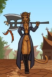 absurd_res anthro axe belt boots breasts brown_body brown_fur brown_hair chest_tuft city city_background clothing coat detailed_background fantasy felid female final_fantasy final_fantasy_xiv footwear fur genitals hair hi_res hrothgar mammal melee_weapon outside partially_clothed_anthro partially_clothed_female pubes shoes side_boob smile solo square_enix thecumrat topwear tuft vulva weapon yellow_eyes