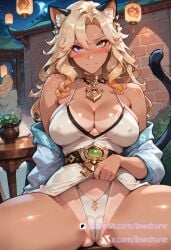 1girls ai_generated bare_breasts blonde_hair blush breasts brick_wall cameltoe cat_ears cat_tail chains cleavage covering_own_mouth crotch curvaceous curvaceous_female curvaceous_figure curvy dark-skinned_female dress_lift embarrassed eyes_visible_through_hair female female_focus flowers garden genshin_impact gyaru heterochromia large_breasts leaning_back lewdrune lifted_by_self long_hair looking_at_viewer moonlight nervous night outdoors shiny_skin shy sitting solo spread_legs starry_sky tan tanned_skin thick_thighs thighs voluptuous xilonen_(genshin_impact)