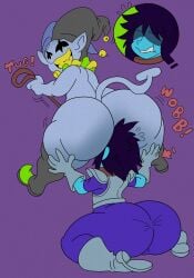 1boy ambiguous_gender ass ass_bigger_than_head ass_focus big_ass big_butt clown_shoes color color_edit colored_sketch colorization colorized colorshun deltarune face_in_ass fauxtellno1 fauxtellno1_(artist) femboy headgear jevil_(deltarune) kris_(deltarune) male male/male protagonistsub_antagonistdom smile smiley_face undertale_(series)