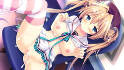 blue_eyes blush breasts brown_hair censored chair cum cum_in_pussy female game_cg kanojo_ga_ore_ni_kureta_mono._ore_ga_kanojo_ni_ageru_mono. kojima_alice long_hair mosaic_censoring nipples onomatope open_mouth pussy shiratama tied_hair twintails