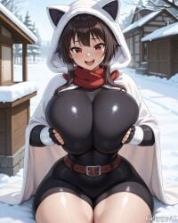 1girl 2d ai_generated anime_style black_dress brown_hair cat_ears cleavage detailed_eyes detailed_face grippyai high_quality hood huge_breasts konosuba looking_at_viewer megumin open_mouth outdoors red_eyes red_scarf shiny_skin short_hair sitting smile snow solo village white_hood